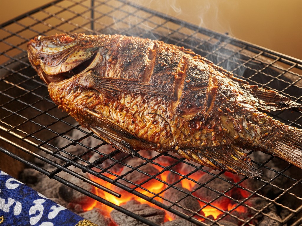 Whole grilled tilapia fresh off the charcoal grill
