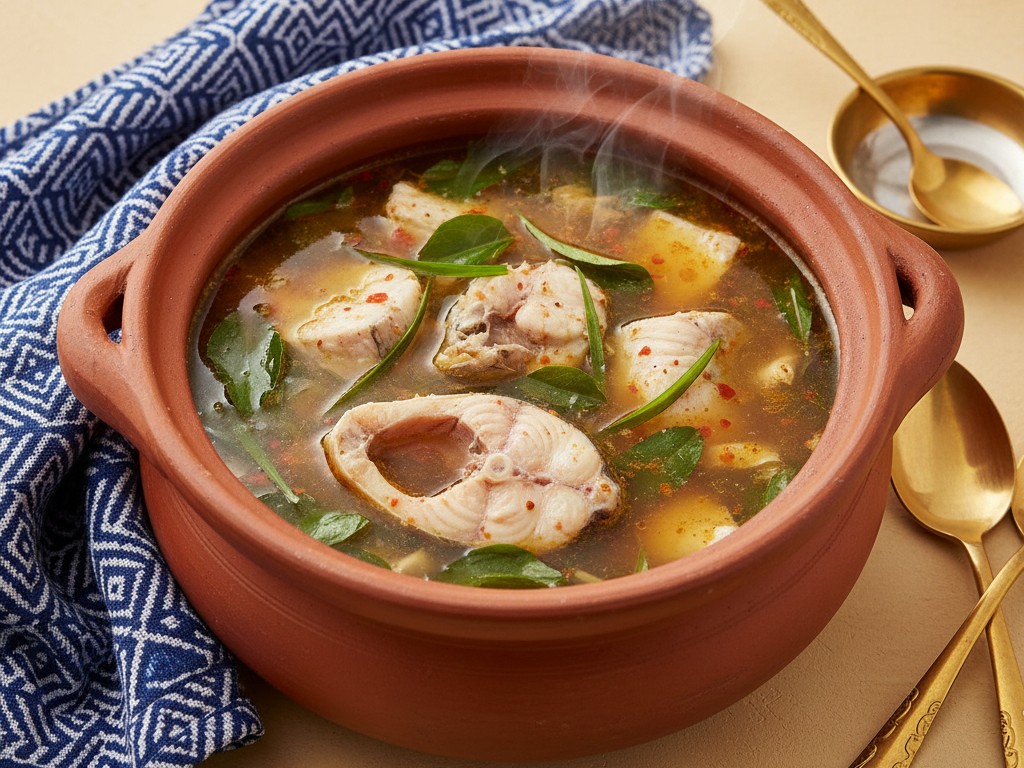 Catfish pepper soup in a bowl with uziza and herbs