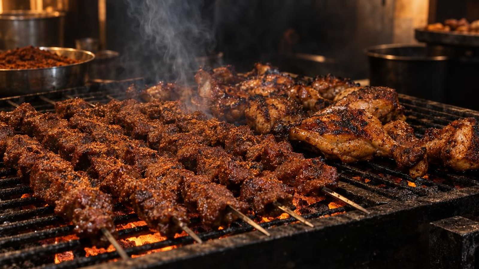 Spiced skewers and chicken pieces charring on a grill over glowing charcoal, smoke rising in warm light