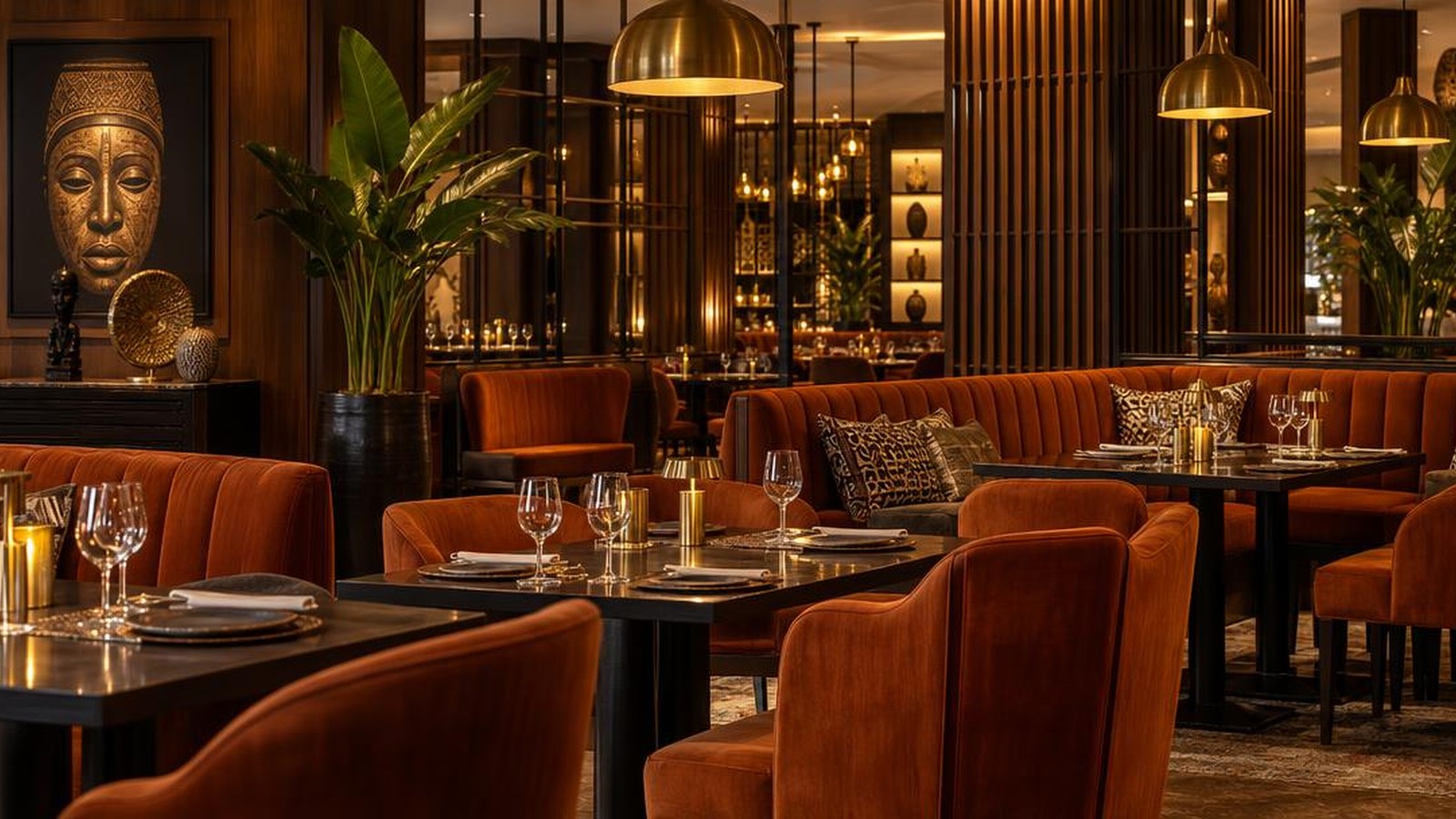 The Ukoni dining room: burnt orange velvet chairs and booths, brass pendant lamps, wood slat walls and tables set with glassware