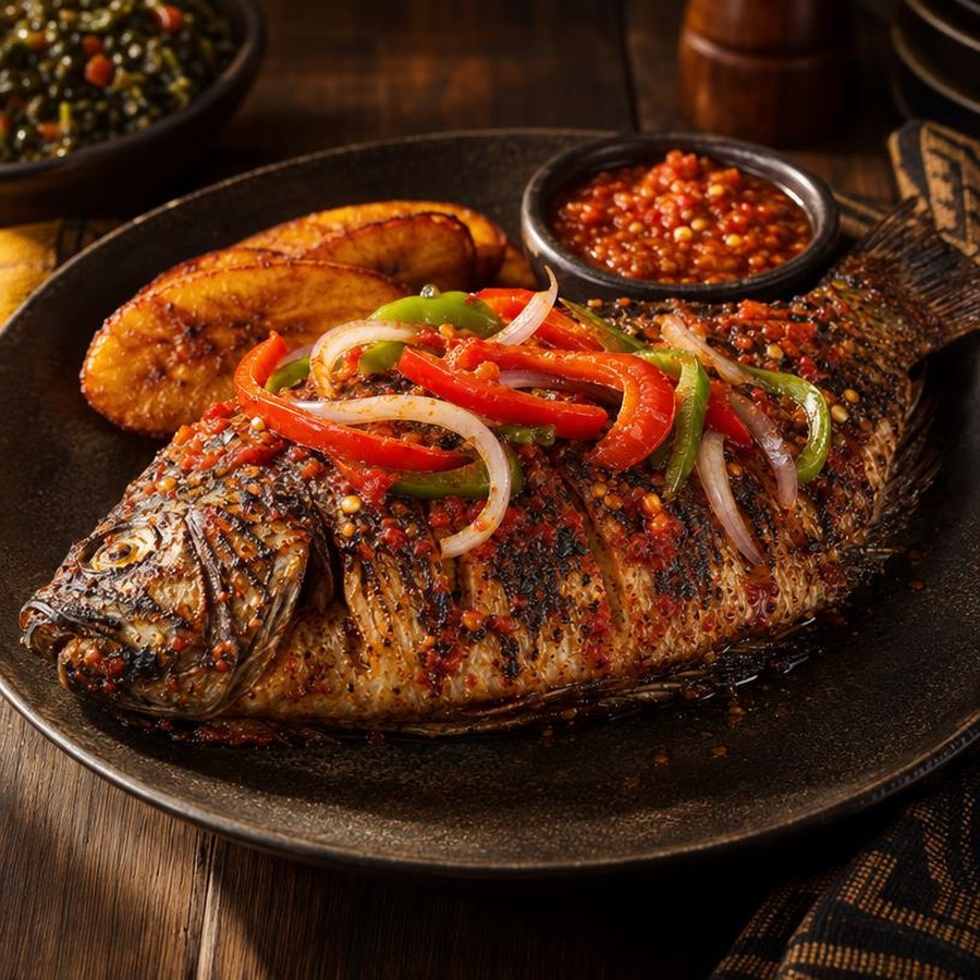 Whole grilled tilapia with charred, pepper rubbed skin, topped with sliced red and green peppers and onion, served with fried plantain and a bowl of pepper sauce