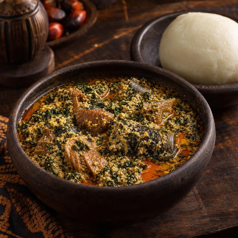 A clay bowl of egusi soup thick with ground melon seed, bitter leaf and pieces of meat in red palm oil, beside a smooth mound of pounded yam
