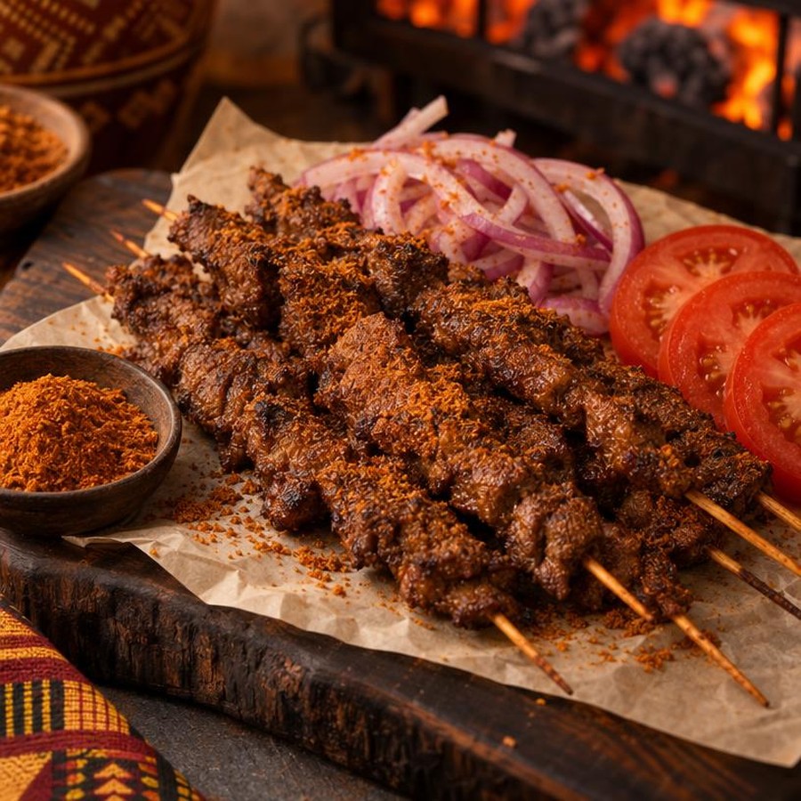 Spice crusted skewers resting on paper beside sliced onion, tomato and a bowl of ground pepper, with charcoal glowing in the background